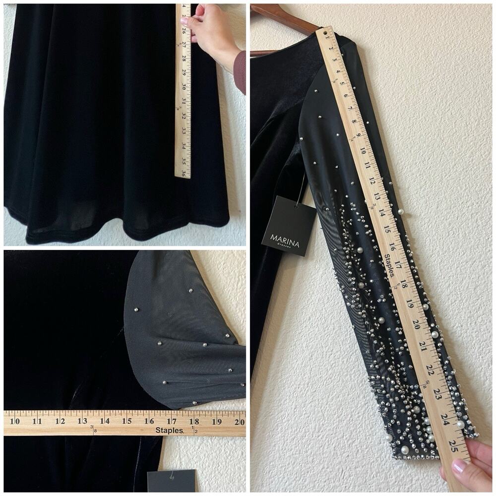 Marina Black Velvet A-Line Dress Sz M Mesh Pearl Beaded Sleeves Elegant Formal - Picture 10 of 10